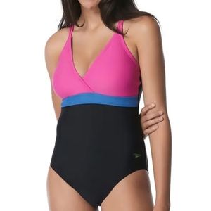 🆕️ Speedo Adjustable Cross Back Color Block One Piece Sz 12 Swimsuit